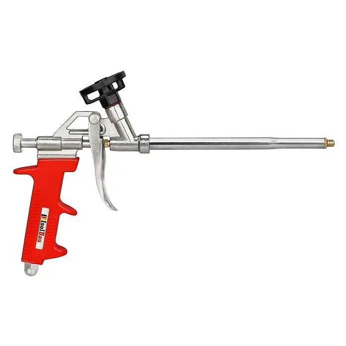 IsolBau Klebeschaum Profi Dämmstoffkleber 24 x 750 ml, PU-Reiniger 2 x 500 ml, Schaumpistole - 750 ml - Rot-silberne IsolBau Profi PU-Schaumpistole mit langem Metallrohr.