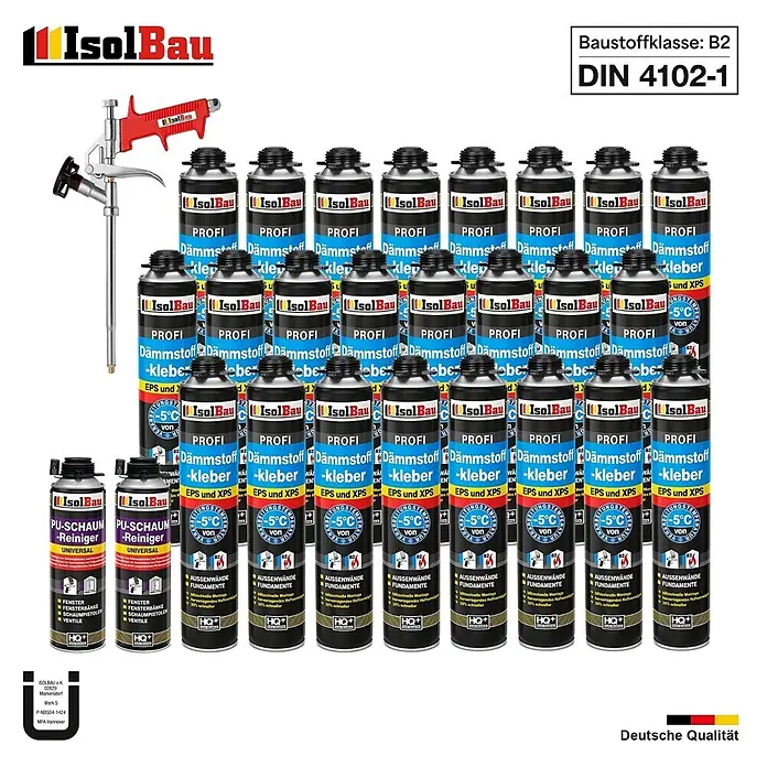 IsolBau Klebeschaum Profi Dämmstoffkleber 24 x 750 ml, PU-Reiniger 2 x 500 ml, Schaumpistole - 750 ml - Mehrere IsolBau Dämmstoff-Klebeschaum-Dosen, eine Schaumpistole und zwei PU-Schaumreiniger-Dosen.
