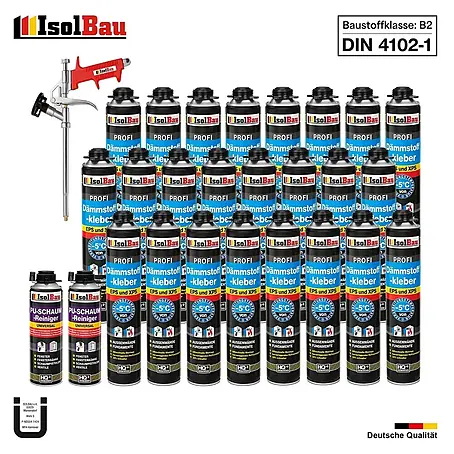 IsolBau  Klebeschaum Profi Dämmstoffkleber 24 x 750 ml, PU-Reiniger 2 x 500 ml, Schaumpistole