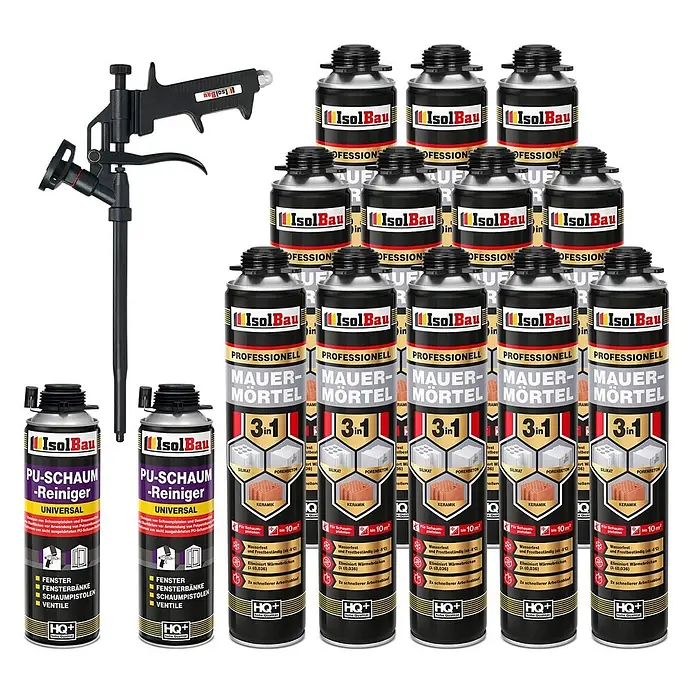 IsolBau Klebeschaum PU Mauermörtel - 12 x 750ml, PU-Reiniger - 2 x 500 ml, Schaumpistole - 750 ml - Schwarze Schaumpistole, mehrere Dosen IsolBau 3-in-1 Mauermörtelschaum und zwei Reinigerdosen.