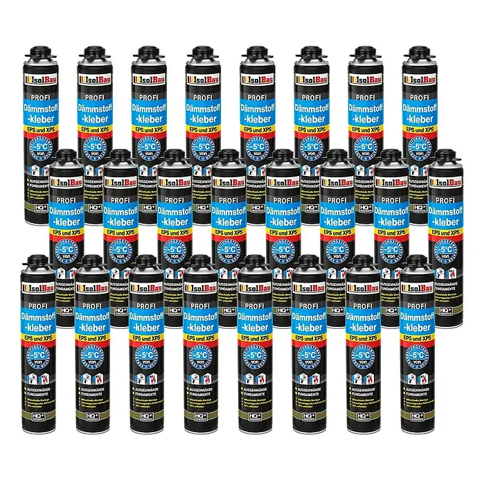 IsolBau Klebeschaum Profi Dämmstoffkleber 24 x 750 ml - 750 ml - Mehrere schwarze IsolBau Profi Dämmstoff-Kleber Sprühdosen mit blauen und gelben Etiketten, für EPS und XPS, bis -5°C.