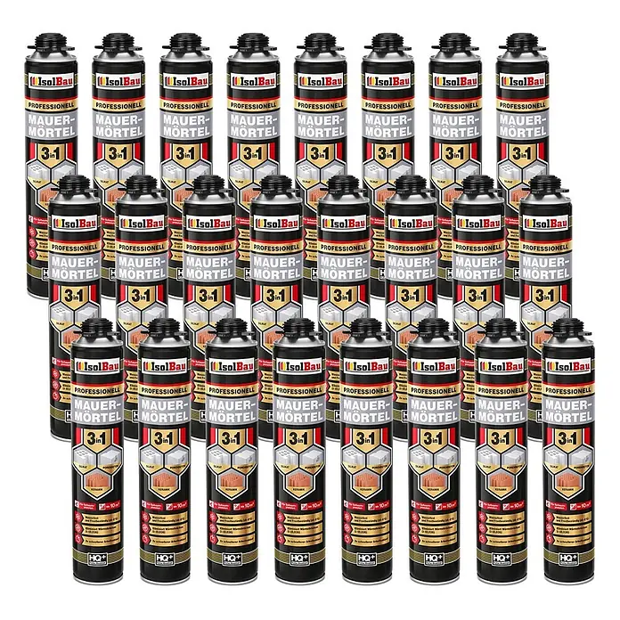 IsolBau Klebeschaum PU Mauermörtel - 24 x 750ml - 750 ml - Mehrere schwarze und rote IsolBau 3-in-1 Mauer-Mörtel Dichtstoffdosen mit professionellen Etiketten.