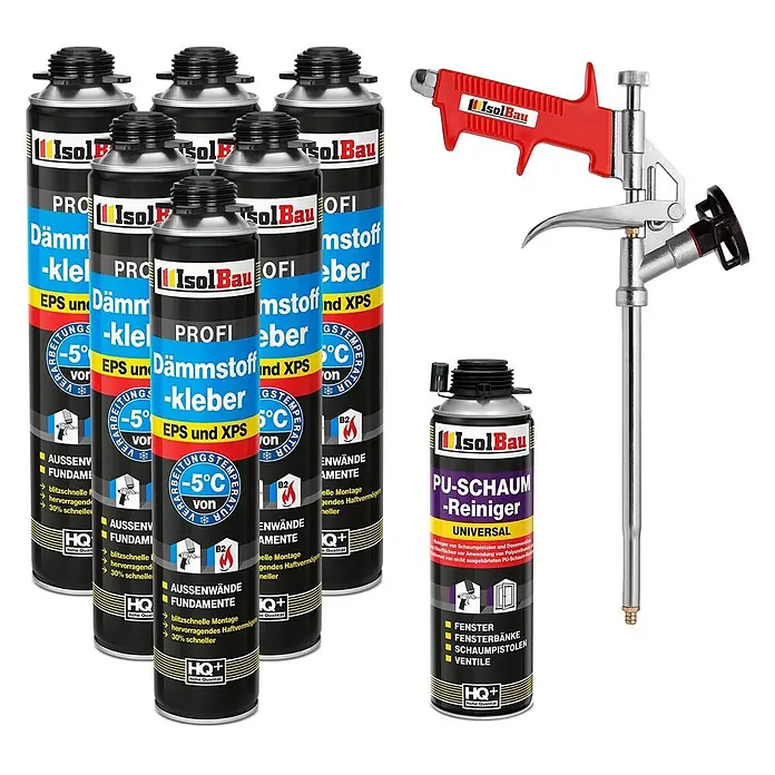 IsolBau Klebeschaum Profi Dämmstoffkleber 6 x 750 ml, PU-Reiniger 500 ml, Schaumpistole - 750 ml - Sechs IsolBau Dämmstoffkleber-Dosen, eine rot-silberne Schaumpistole und eine IsolBau PU-Schaumreiniger-Dose.