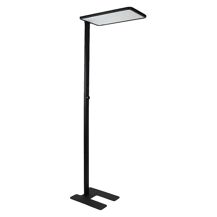 Enovalite LED-Stehleuchte - 150 W, Höhe: 199 cm, Schwarz, Neutralweiß - Schwarze LED-Stehlampe mit rechteckigem Lichtpaneel, U-förmigem Sockel und Bedienelementen am Ständer.