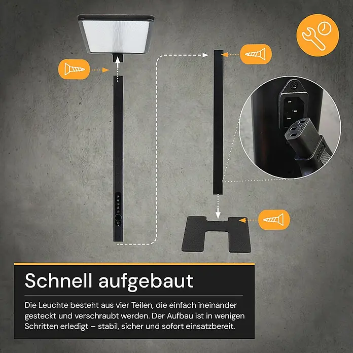 Enovalite LED-Stehleuchte - 150 W, Höhe: 199 cm, Schwarz, Neutralweiß - Explodierte Ansicht einer schwarzen Stehleuchte, die ihren rechteckigen Leuchtkopf, die modulare Säule und den flachen Fuß zur einfachen Schraubmontage zeigt.
