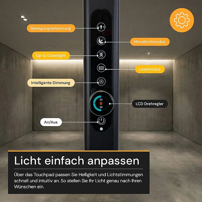 Enovalite LED-Stehleuchte - 150 W, Höhe: 199 cm, Schwarz, Neutralweiß - Schwarzes Lampenbedienfeld mit Touchscreen-Tasten für diverse Lichtmodi und einem LCD-Drehdimmer.