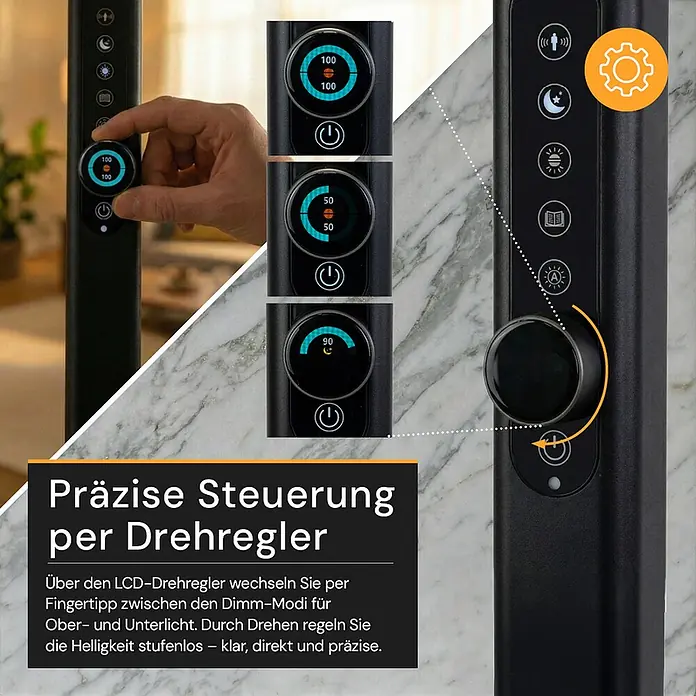 Enovalite LED-Stehleuchte - 150 W, Höhe: 199 cm, Schwarz, Neutralweiß - Schwarzes Bedienfeld mit LCD-Drehregler, der präzises Dimmen für Ober- und Unterlicht zeigt.