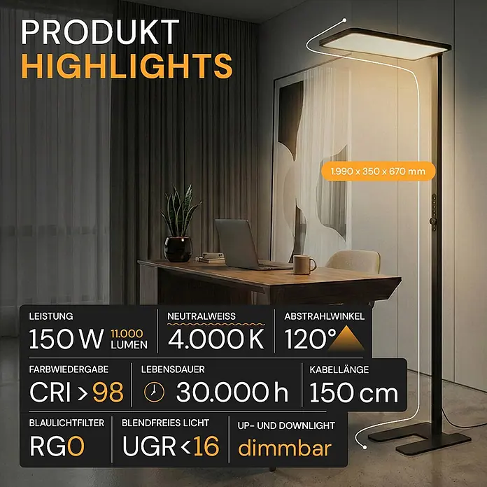 Enovalite LED-Stehleuchte - 150 W, Höhe: 199 cm, Schwarz, Neutralweiß - Schwarze Stehleuchte mit rechteckigem Kopf im Büro, den Schreibtisch beleuchtend.