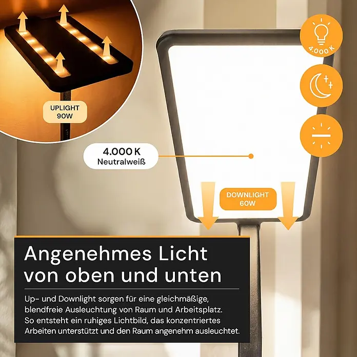 Enovalite LED-Stehleuchte - 150 W, Höhe: 199 cm, Schwarz, Neutralweiß - Schwarze Stehleuchte mit oben (90W) und unten (60W) gerichteter neutralweißer (4000K) Beleuchtung für ausgewogenes Raumlicht.