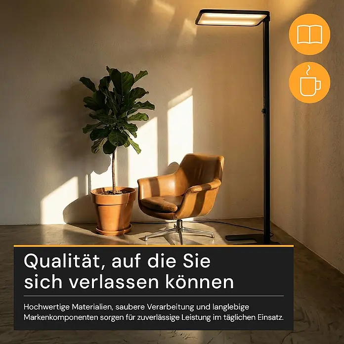 Enovalite LED-Stehleuchte - 150 W, Höhe: 199 cm, Schwarz, Neutralweiß - Schwarze rechteckige LED-Stehlampe beleuchtet eine gemütliche Leseecke.