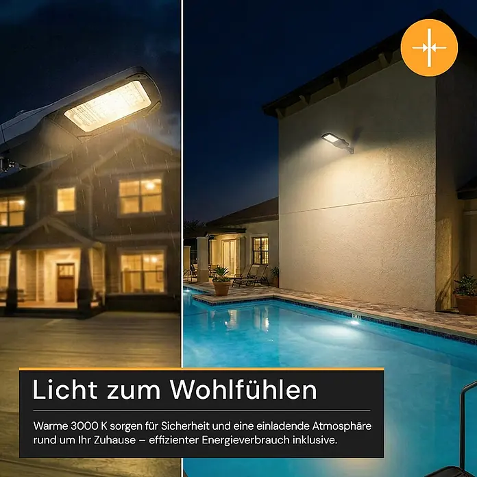 Enovalite LED-Strahler -  - Warmweißes 3000K Außenlicht beleuchtet Hauseingang und Poolbereich bei Nacht.