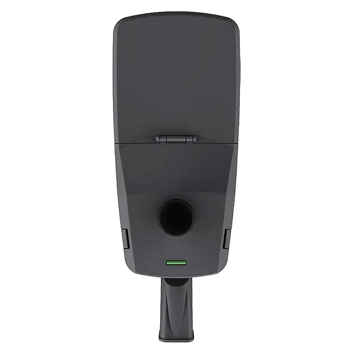 Enovalite LED-Strahler -  - Dunkelgraue EV-Ladestation mit Klappdeckel, kreisförmigem Anschluss, grüner Anzeige und Kabelführung.