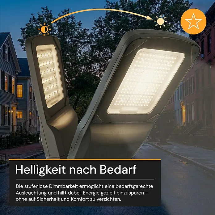 Enovalite LED-Strahler -  - Graue LED-Straßenleuchten bei Nacht, eine gedimmt, die andere hell, symbolisieren bedarfsgesteuerte Helligkeit.