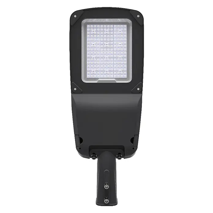 Enovalite LED-Strahler -  - Dunkelgraue LED-Straßenleuchte mit rechteckigem Kopf, vielen einzelnen LED-Modulen und stabilem Montagearm.