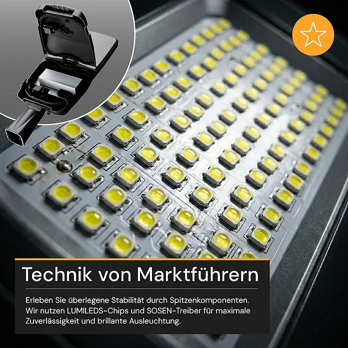 Enovalite LED-Strahler -  - LED-Straßenleuchte mit geöffnetem schwarzen Gehäuse und einer Nahaufnahme ihrer leuchtend gelben LED-Chips.
