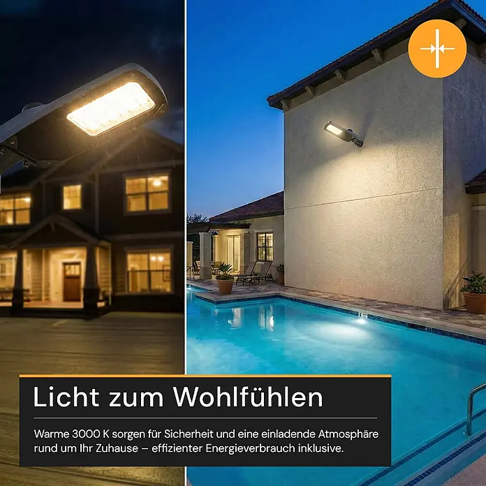 Enovalite LED-Strahler -  - Außenleuchte mit warmem 3000K Licht, die nachts ein Haus und einen Pool beleuchtet, für Sicherheit und Atmosphäre.