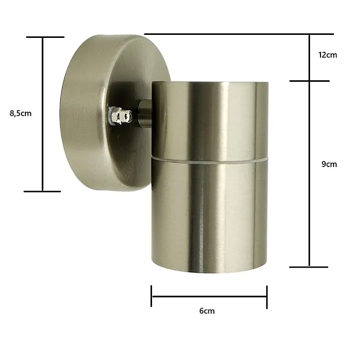 DAPO Außenwandleuchte Bornholm, Silber, Edelstahl, GU10, IP44 -  - Gebürstete silberne zylindrische Wandleuchte mit rundem Sockel; Maße: 12cm Tiefe, 9cm Höhe, 8,5cm Sockeldurchmesser, 6cm Lampendurchmesser.