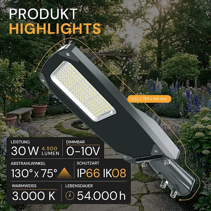 Enovalite LED-Strahler -  - Dunkelgraue LED-Straßenleuchte mit rechteckigem Panel, in einer Gartenumgebung gezeigt. Maße: 522 x 193 x 64 mm.