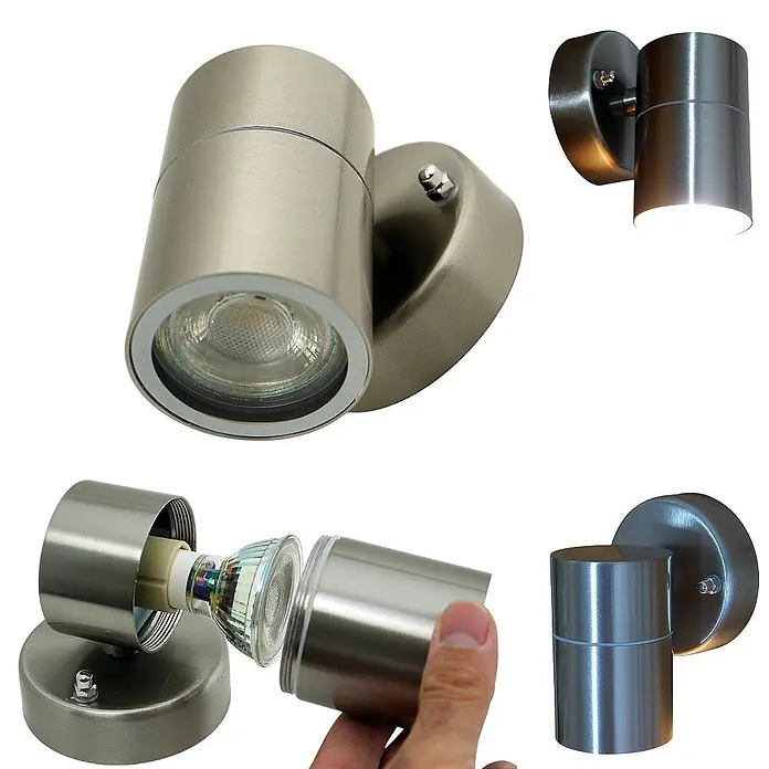 DAPO Außenwandleuchte Bornholm, Silber, Edelstahl, GU10, IP44 -  - Gebürsteter Edelstahl zylindrischer Wandstrahler, zeigt Design und GU10-Glühlampeneinsatz.