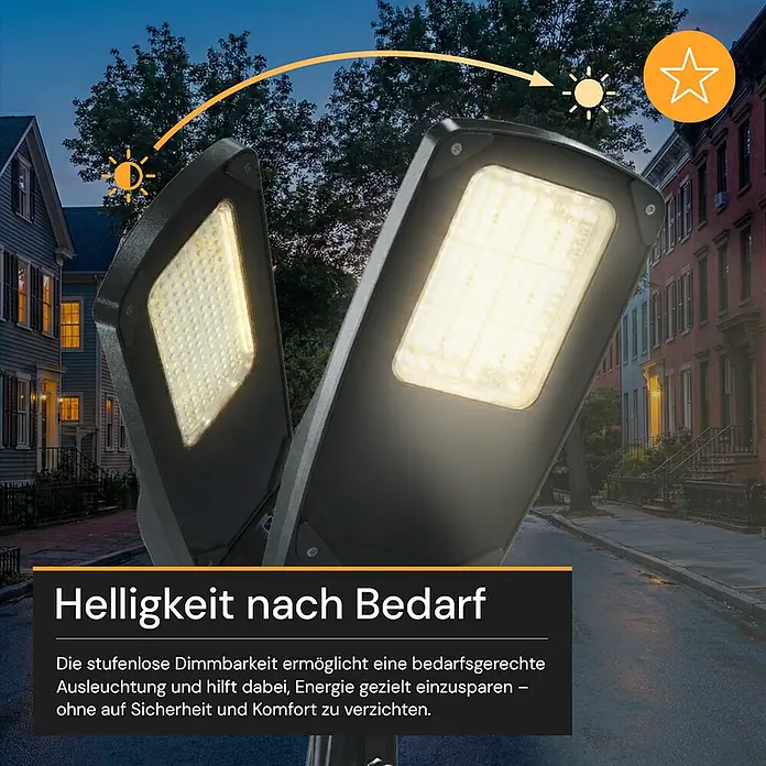 Enovalite LED-Strahler -  - Zwei schwarze LED-Straßenleuchten illuminieren eine Straße bei Dämmerung, mit Dimmfunktion symbolisiert durch Icons.