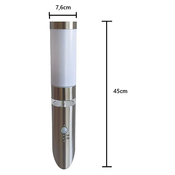 DAPO Außenwandleuchte Lisa Fackel mit LED Kranz, Silber, E27, Mit Bewegungsmelder -  - Zylindrische LED-Außenleuchte, 45cm hoch, 7,6cm Durchmesser, mit gebürstetem Metall, weißem Diffusor und Bewegungssensor.