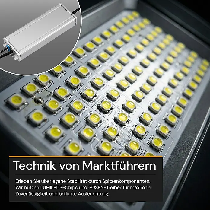 Enovalite LED-Strahler -  - LED-Platine mit zahlreichen LUMILEDS-Chips und ein silberner SOSEN-Treiber für brillante Ausleuchtung.