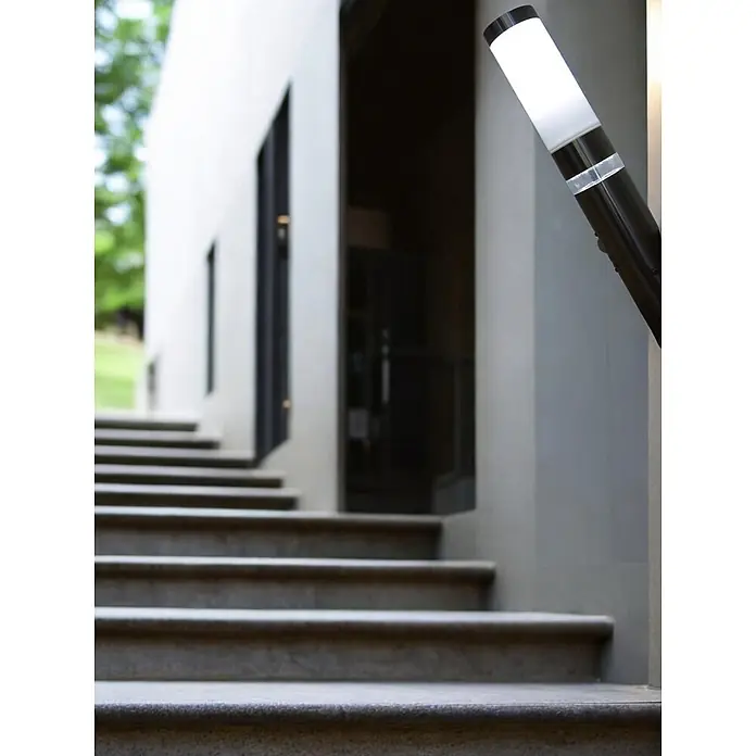 DAPO Außenwandleuchte Lisa Fackel mit LED Kranz, Silber, E27, Mit Bewegungsmelder -  - Schwarz-weiß moderne Außenleuchte, die Stufen neben einem Gebäude beleuchtet.