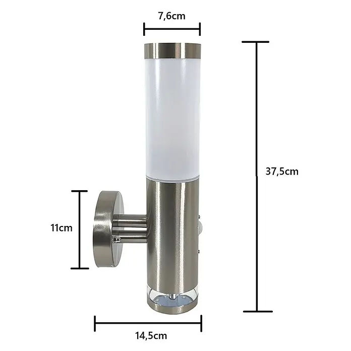 DAPO Außenwandleuchte Lisa, mit LED-Kranz, Edelstahl, E27, IP44 -  - Wandleuchte aus gebürstetem Edelstahl mit weißem Diffusor und Bewegungssensor, 37,5 cm hoch.