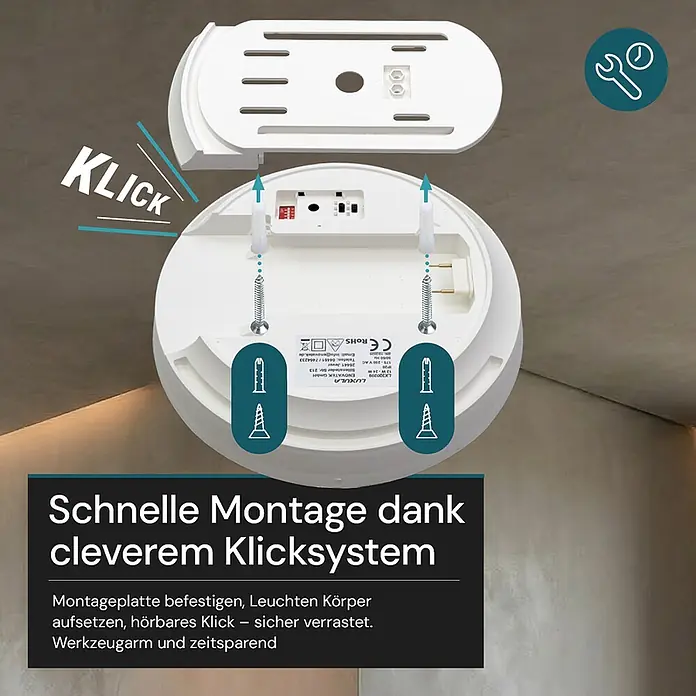 Luxula LED-Deckenleuchte rund - 24 W, Weiß, Warmweiß - Weißes LED-Licht, zeigt cleveres Klick-Montagesystem für schnelle, werkzeugarme Installation.