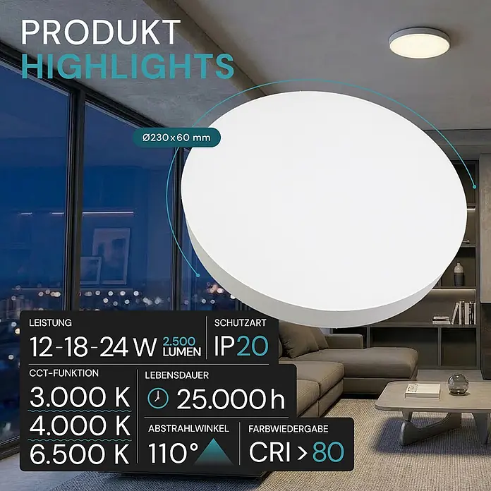 Luxula LED-Deckenleuchte rund - 24 W, Weiß, Warmweiß - Rundes weißes LED-Deckenlicht groß abgebildet mit Spezifikationen, installiert in einem modernen Wohnzimmer.