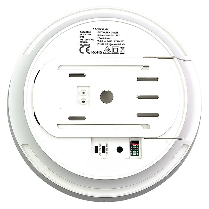 Luxula LED-Deckenleuchte rund - 24 W, Weiß, Warmweiß - Rückseite einer runden, weißen LED-Leuchte mit technischen Angaben und Schaltern für Leistung (12-24W) und Farbtemperatur.