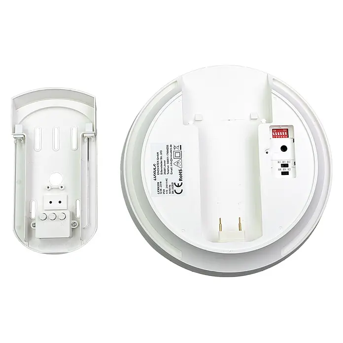Luxula LED-Deckenleuchte rund - 24 W, Weiß, Warmweiß - Weiße LED-Leuchte. Rückseite zeigt Montageplatte mit Anschlüssen, Kontaktstiften und Einstellschaltern (DIP, Drehschalter) für individuelle Anpassungen.