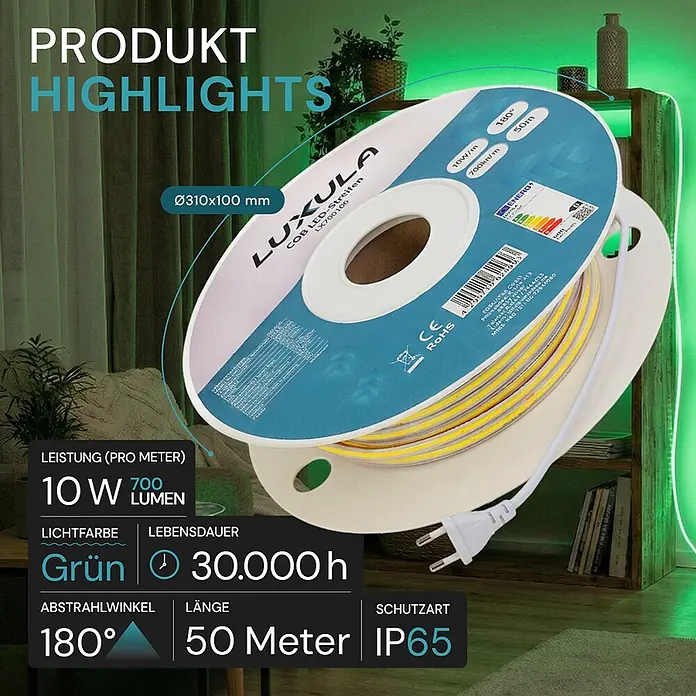 Luxula LED-Lichtschlauch - Länge: 5.000 cm - Eine Rolle Luxula grüne COB LED-Streifen (50m, IP65, 10W/m, 30.000h Lebensdauer) mit Spezifikationen, die grünes Licht im Raum abgeben.
