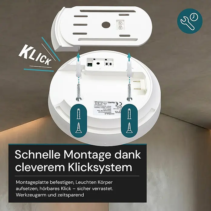 Luxula LED-Deckenleuchte rund - 24 W, Weiß, Warmweiß - Weiße Deckenleuchte mit separater Montageplatte, die das Klicksystem zur schnellen Installation zeigt.