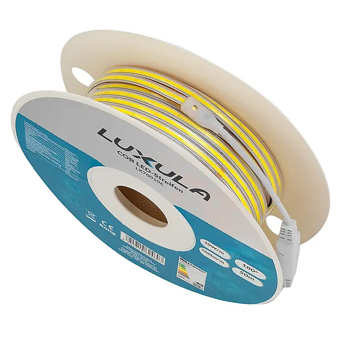 Luxula LED-Lichtschlauch - Länge: 5.000 cm - Luxula 50m COB LED-Streifen, 10W/m, auf weißer Spule gerollt mit Stecker.
