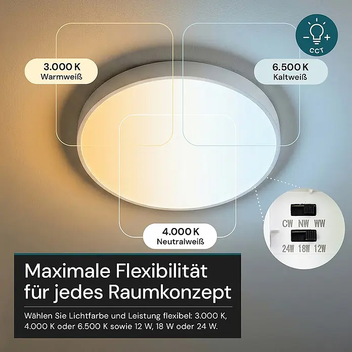 Luxula LED-Deckenleuchte rund - 24 W, Weiß, Warmweiß - Runde weiße LED-Deckenleuchte mit einstellbarer Lichtfarbe (3000K-6500K) und Leistung (12W-24W) per Schalter.