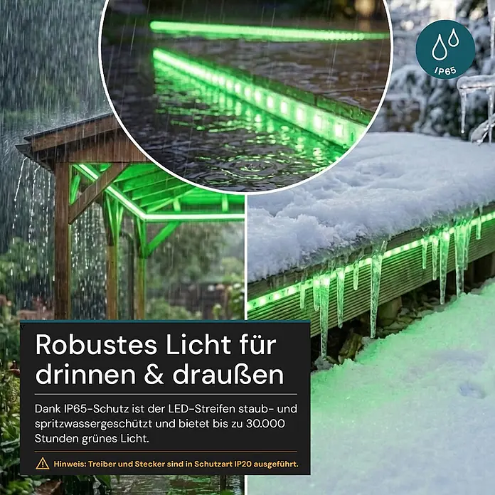 Luxula LED-Lichtschlauch - Länge: 5.000 cm - Grüner IP65-geschützter LED-Streifen, drinnen und draußen in Regen und Schnee montiert.