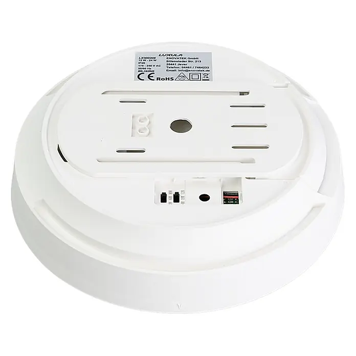 Luxula LED-Deckenleuchte rund - 24 W, Weiß, Warmweiß - Rückansicht eines weißen, runden Luxula Elektronikgeräts mit Produktetiketten, Befestigungslöchern und elektrischen Anschlüssen.