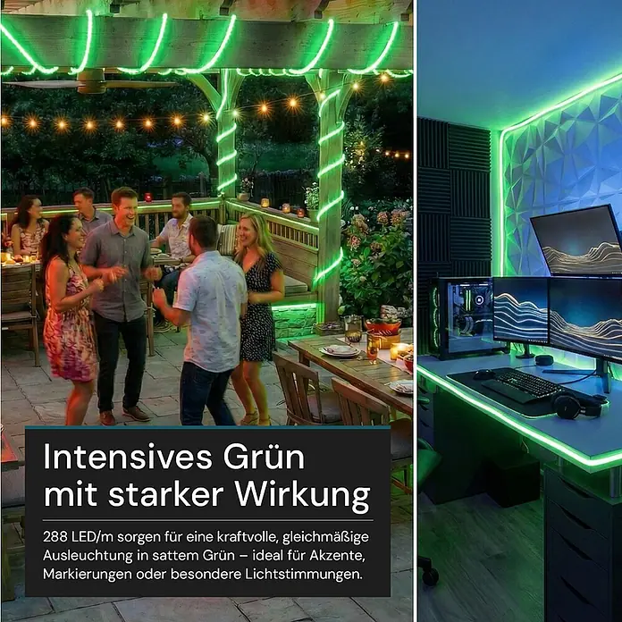 Luxula LED-Lichtschlauch - Länge: 5.000 cm - Lebendige grüne LED-Streifen beleuchten eine Terrasse und ein Gaming-Zimmer und schaffen starke Akzentbeleuchtung.