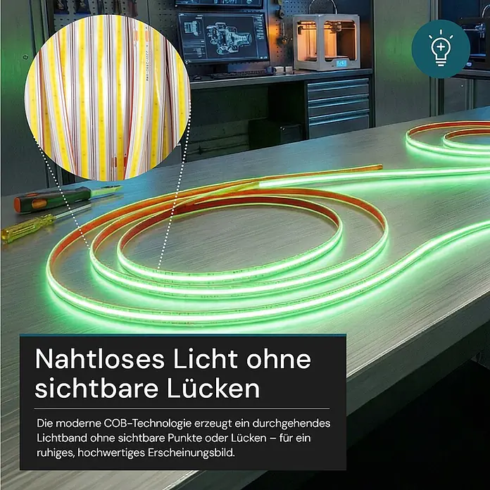 Luxula LED-Lichtschlauch - Länge: 5.000 cm - Grünes COB-LED-Band auf einem Tisch, demonstriert nahtloses Licht ohne sichtbare Lücken.