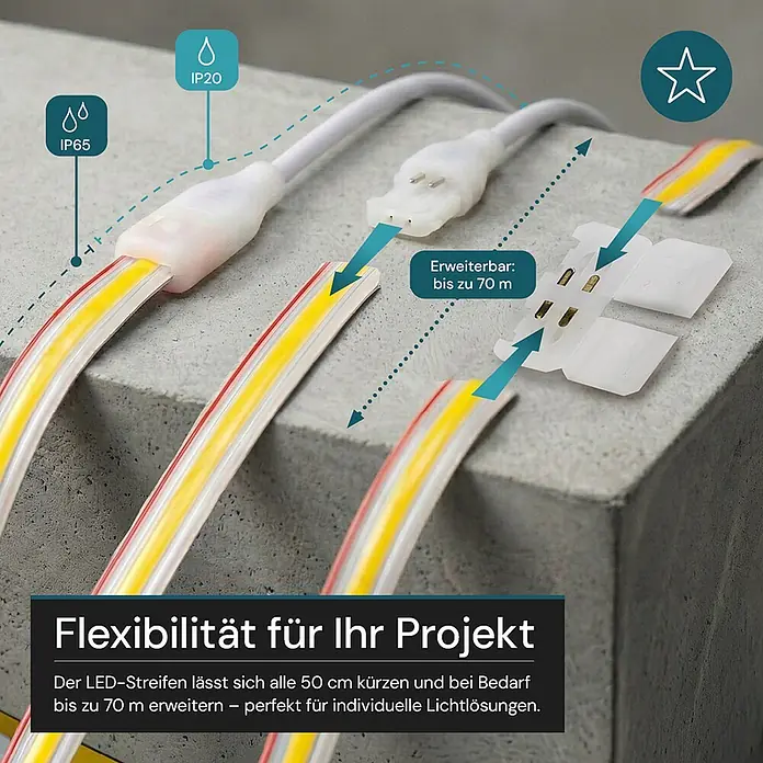 Luxula LED-Lichtschlauch - Länge: 5.000 cm - Flexible weiße und gelbe LED-Streifen mit weißen Verbindern, verlängerbar und kürzbar für individuelle Längen.