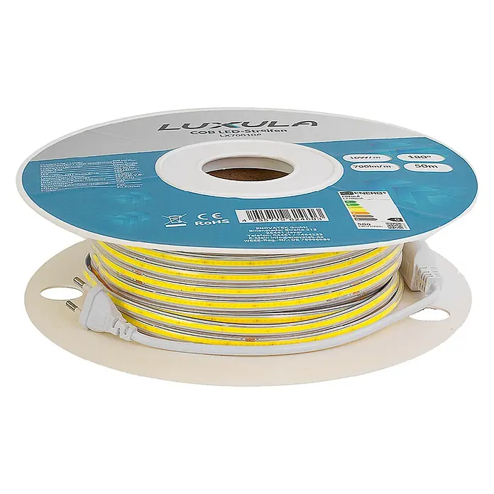Luxula LED-Lichtschlauch - Länge: 5.000 cm - Eine weiße Spule mit aufgerolltem gelbem COB LED-Streifen und einem sichtbaren Netzstecker.