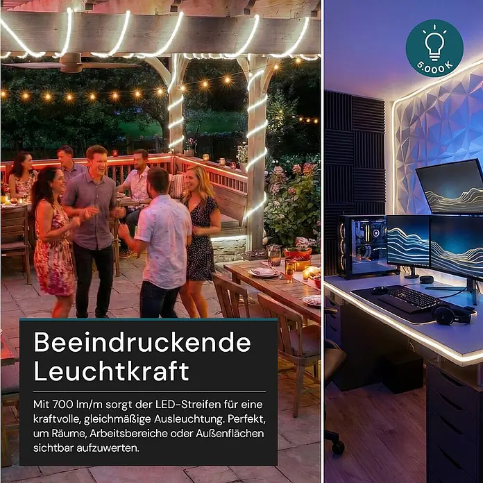 Luxula LED-Lichtschlauch - Länge: 5.000 cm - Heller weißer LED-Lichtschlauch beleuchtet eine lebhafte Außenterrasse und einen modernen Innenarbeitsplatz, sorgt für kraftvolle und gleichmäßige Ausleuchtung.