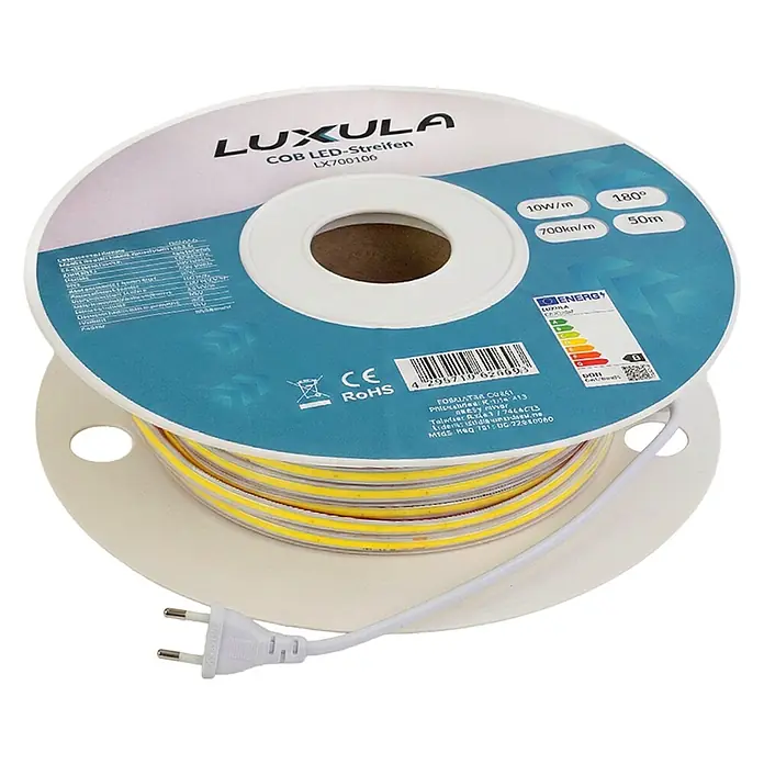 Luxula LED-Lichtschlauch - Länge: 5.000 cm - Weiße Rolle gelber COB-LED-Lichtbänder mit weißem Netzstecker.