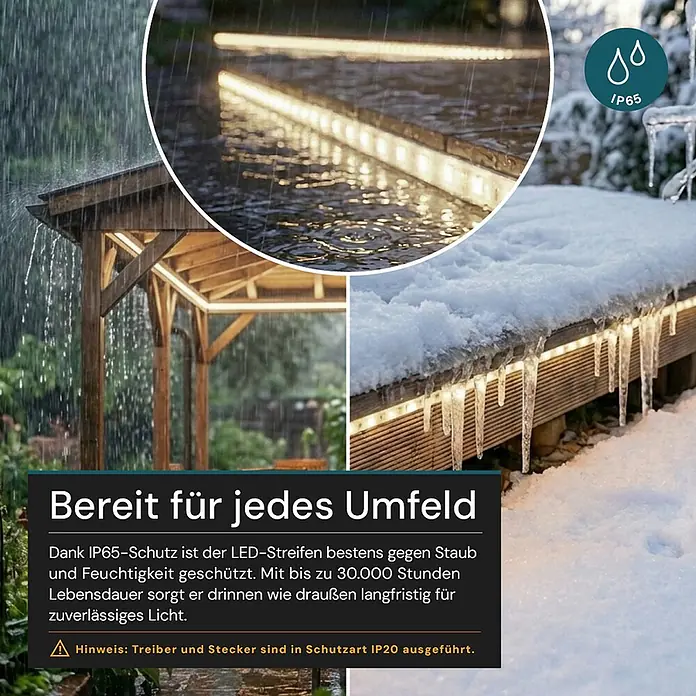 Luxula LED-Lichtschlauch - Länge: 5.000 cm - IP65 wasserdichter LED-Streifen auf einer Terrasse bei Regen und Schnee, demonstriert Helligkeit und Robustheit.