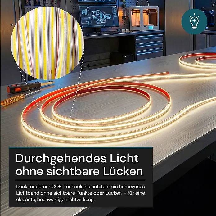 Luxula LED-Lichtschlauch - Länge: 5.000 cm - Flexibler COB-LED-Lichtstreifen leuchtet warm und zeigt kontinuierliche, punktfreie Beleuchtung auf einer Metallwerkbank.