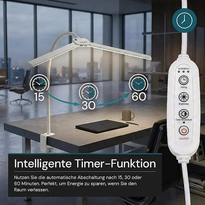Luxula LED-Klemmleuchte - L x B x H: 80 x 6 x 83 cm, 18 W, Weiß - Weiße Klemm-Schreibtischlampe im Büro mit Bedienfeld und intelligenter Timer-Funktion (15, 30, 60 Min.).