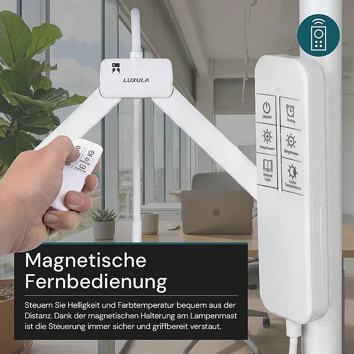Luxula LED-Stehleuchte - 24 W, Höhe: 163 cm, Weiß - Weiße Stehlampe mit magnetischer Fernbedienung, die sowohl gehalten als auch bequem am Lampenmast verstaut gezeigt wird.