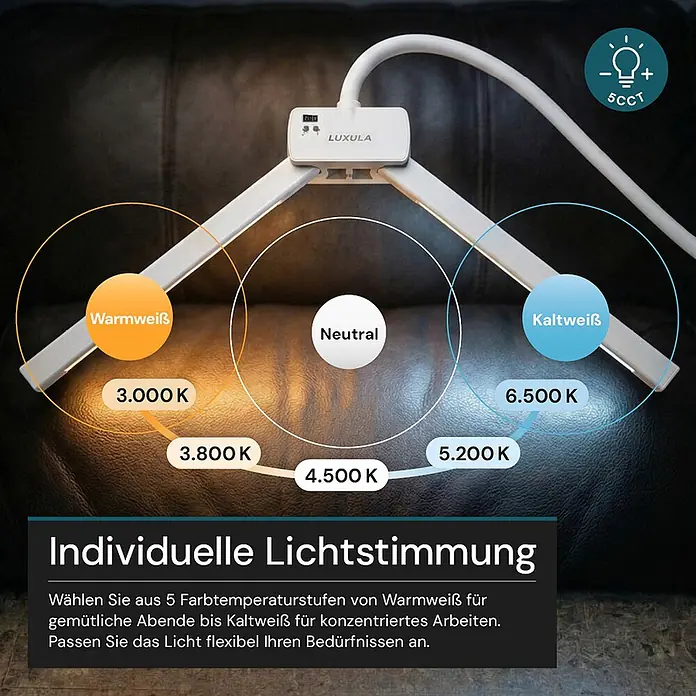 Luxula LED-Klemmleuchte - L x B x H: 80 x 6 x 83 cm, 18 W, Weiß - Weiße LED-Lampe mit flexiblem Arm, zeigt 5 Farbtemperaturstufen von 3000K Warmweiß bis 6500K Kaltweiß für individuelle Lichtstimmungen.