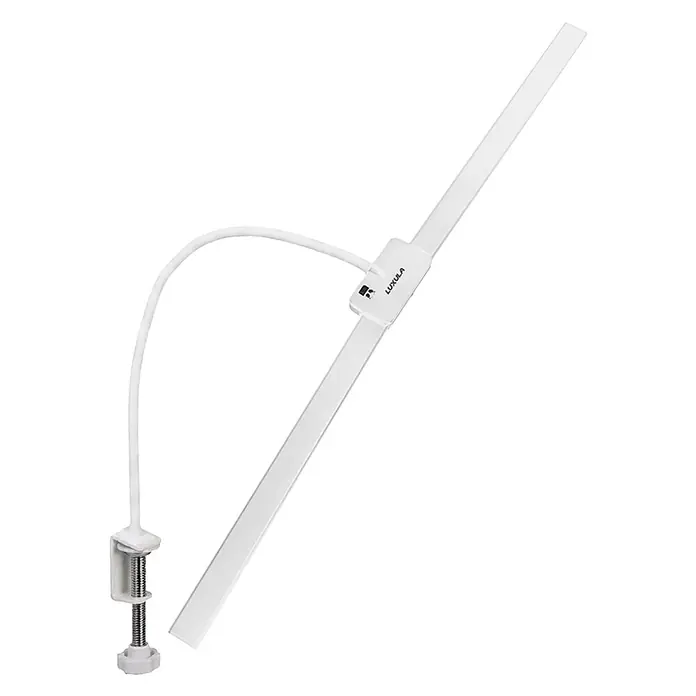 Luxula LED-Klemmleuchte - L x B x H: 80 x 6 x 83 cm, 18 W, Weiß - Weiße Klemm-LED-Schreibtischlampe mit flexiblem Schwanenhals, linearem Lichtbalken und „LUXULA“-Logo.